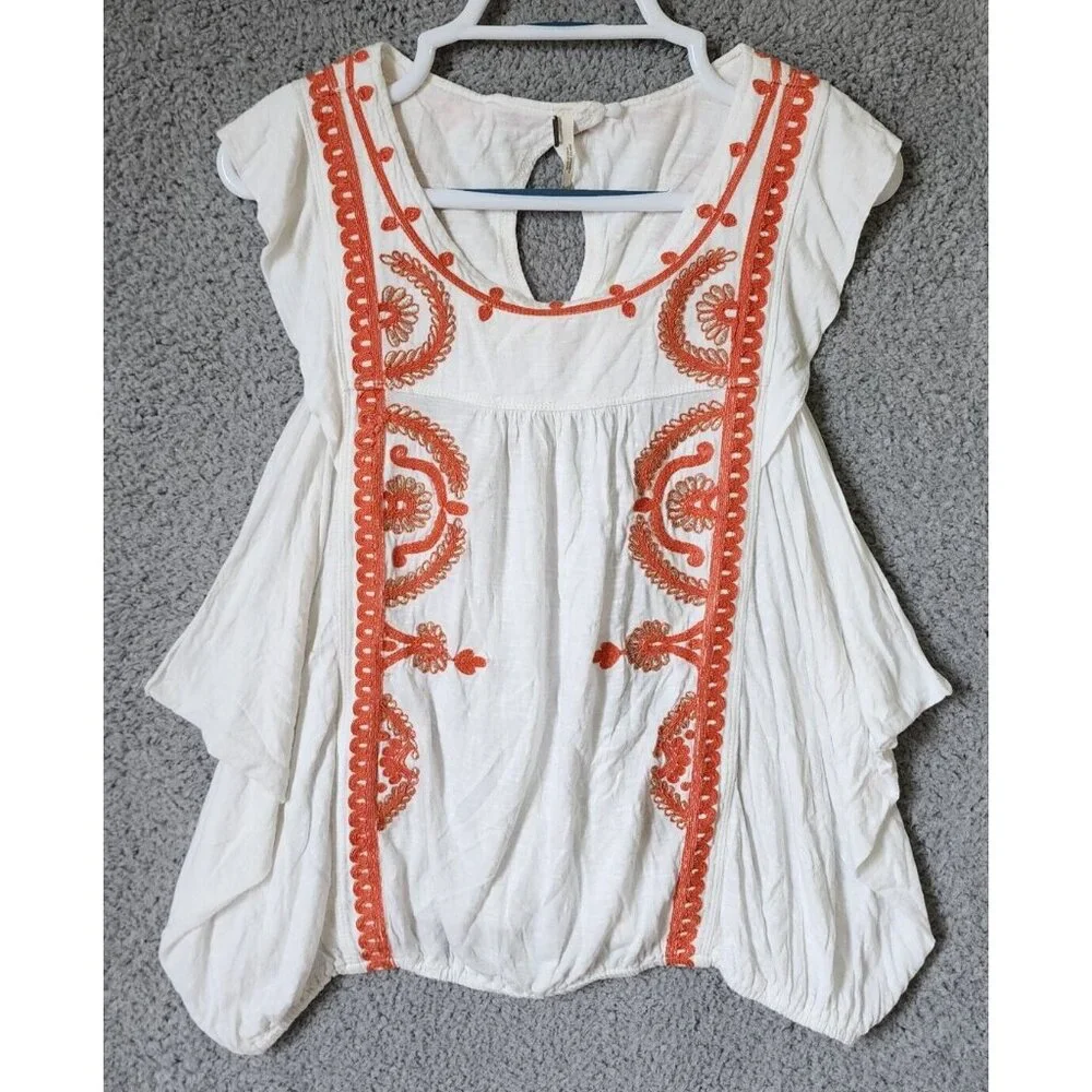Free People Women's Dos‎ Segundos Embroidered Cap Sleeve Top Elastic Waist Sz M